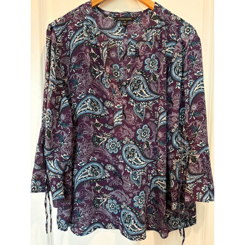 41 Hawthorn Purple Paisley Floral Split Neck Bell Sleeve Blouse XXL WGW10294